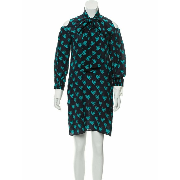 FENDI Navy Blue Heart Print Silk Cotton Cold Shoulder Shirt Dress 4 US 40IT - Picture 6 of 10